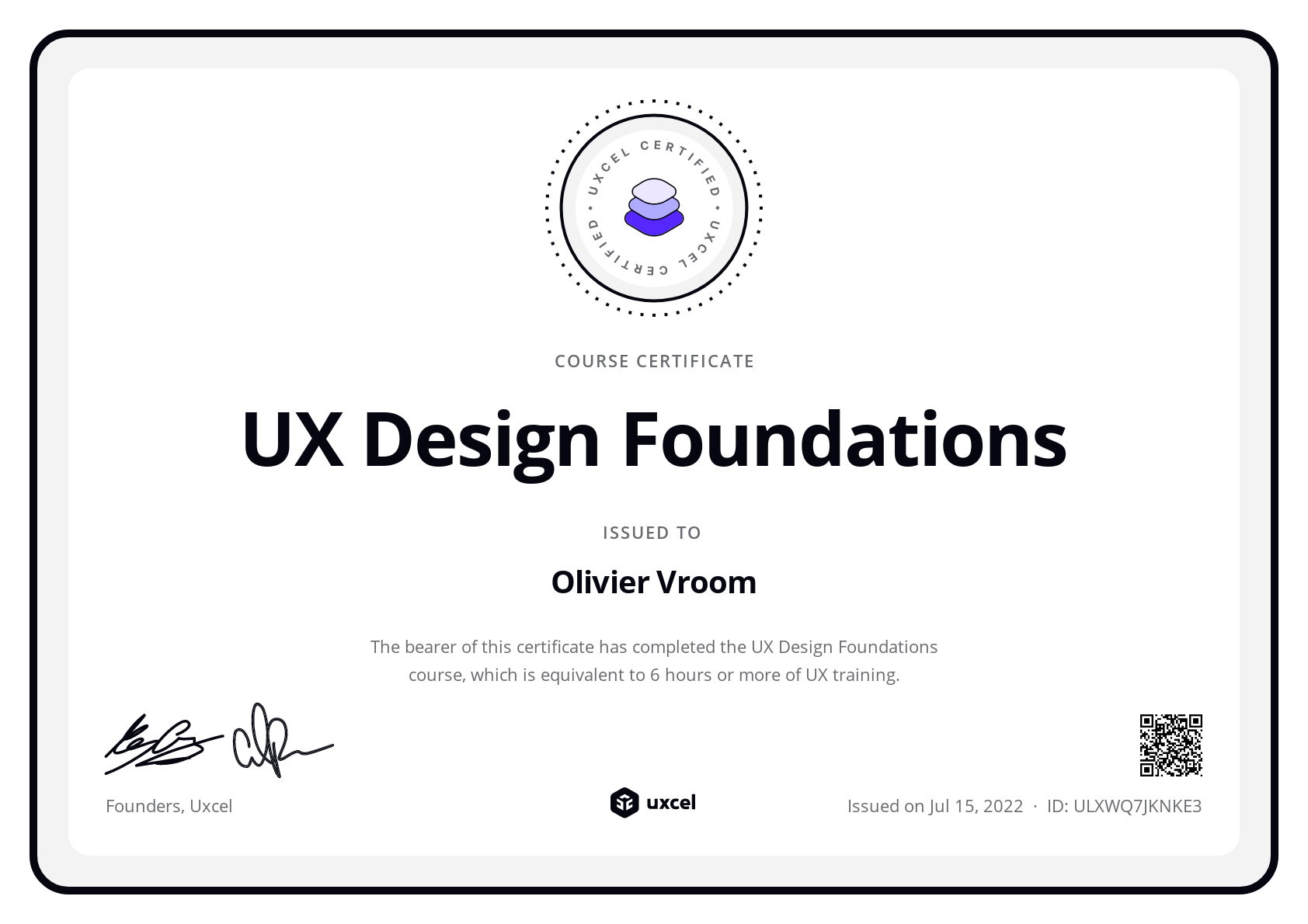 Olivier Vroom's certificate